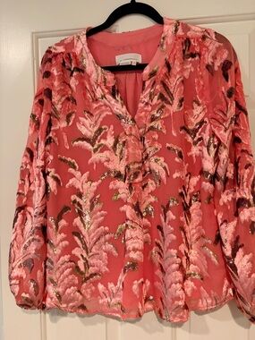 Anthropologie Coral Pink Velvet-Effect Floral Blouse with Metallic Accents